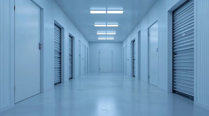 Obraz premium A long, narrow hallway with multiple storage units, illuminated by fluorescent lights, featuring a cool blue color scheme and sleek, modern design.