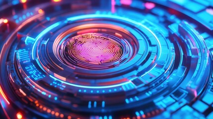 Abstract Digital Background Featuring Colorful Circular Patterns and a Central Fingerprint Design, Representing Cybersecurity, Technology, and Data Protection Concepts