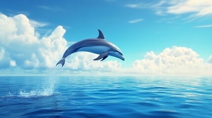 Obraz premium Dolphin Leaping Above Calm Ocean Surface with Beautiful Blue Sky
