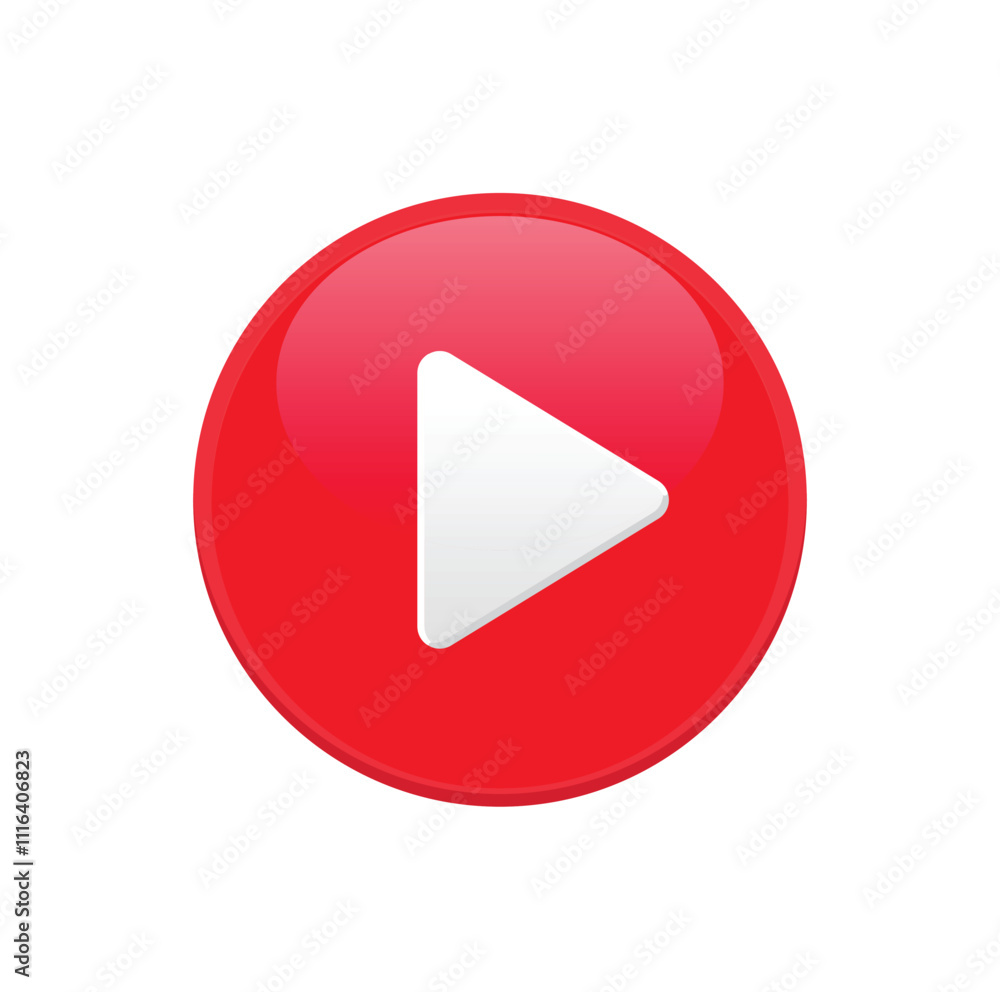 Poster red glossy play button on white background. video or music player user interface. vector illustratio