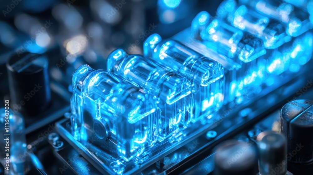 Poster close-up of glowing transparent electronic components on circuit board with blue light emitting from