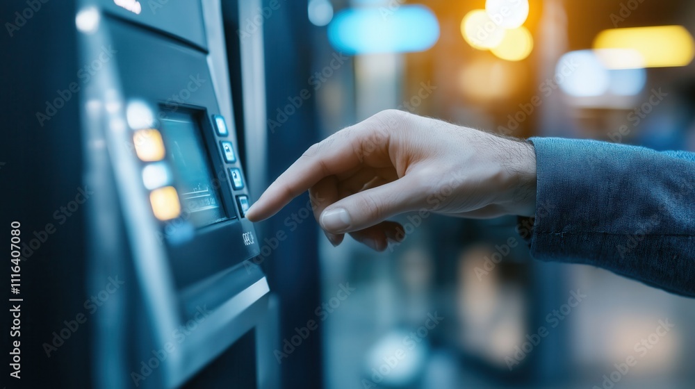 Poster user interacting with payment machine in urban setting technology interaction nighttime environment 
