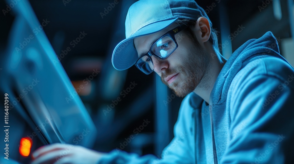 Poster data analysis in a tech environment young professional working on computer in a dark office space