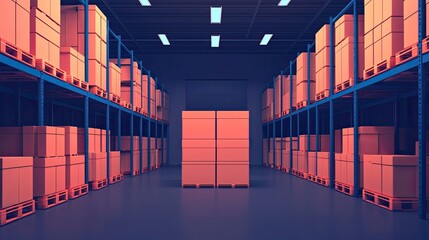 Fototapeta premium A modern warehouse filled with organized, stacked boxes on pallets, illuminated by bright overhead lights, creating a vibrant and structured environment.