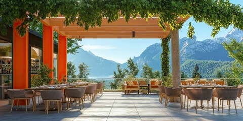 Obraz premium orange and cream rooftop restaurant covered roof green climbing vine with beautiful mountain and pines view 