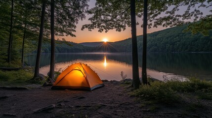 An orange tourist tent sits illuminated by the setting sun next to a serene lake