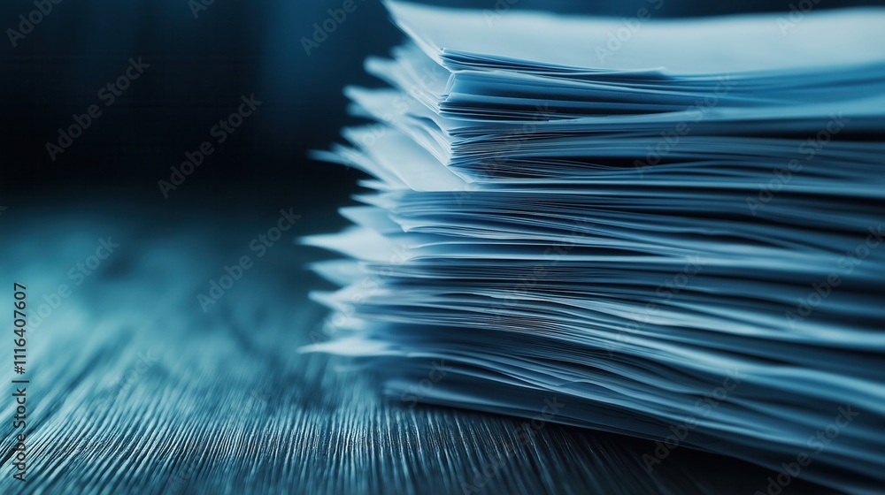 Poster document management process office environment image of stacked papers close-up professional concept