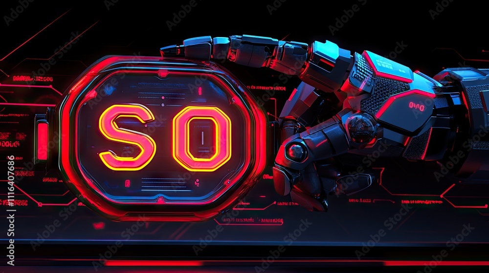 Poster futuristic robotic hand touching neon sign with so text display