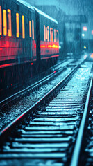 Fototapeta premium A train is on a wet track with rain falling on it