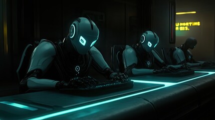 Futuristic Robots Working at High-Tech Control Station Late Night
