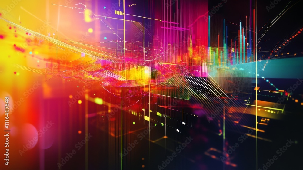 Poster abstract colorful background with dynamic light and data visualization