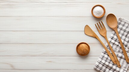 A collection of wooden kitchen utensils and a checkered cloth on a rustic wooden surface, ideal for culinary presentations or home decor.