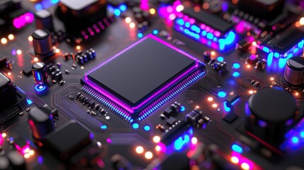 Fototapeta premium Colorful Circuit Board with Microchip and LED Lights Close-Up