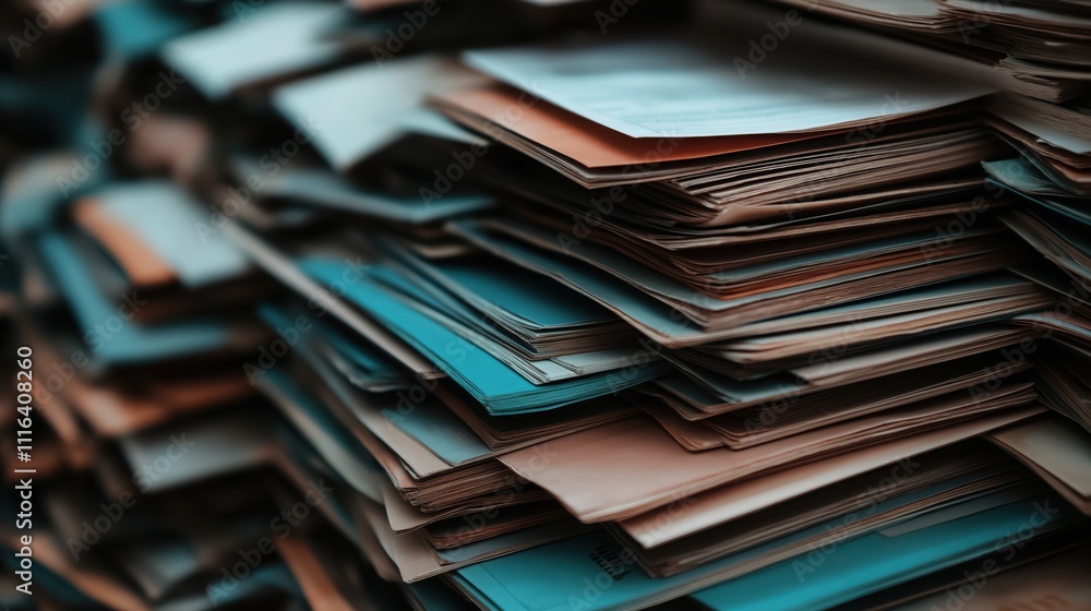 Poster organizing stacks of paperwork in an office environment close-up view of document management techniq