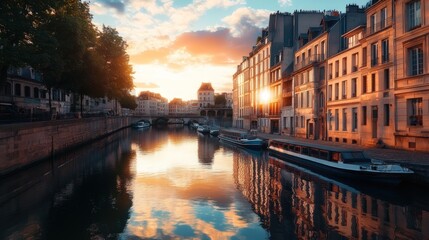 Fototapeta premium Sunset over Parisian canal, boats, buildings reflected.