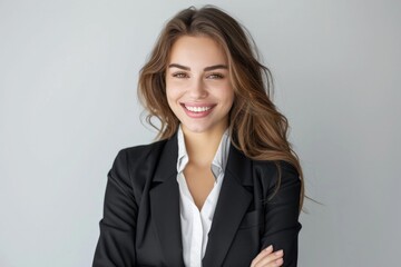Obraz premium Business Person. Portrait of a Confident Young Businesswoman in White Suit Smiling Isolated on White Background