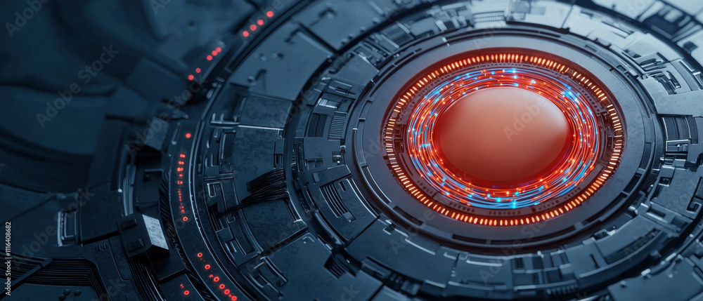 Poster a futuristic, circular design featuring a central glowing orb surrounded by intricate patterns and l