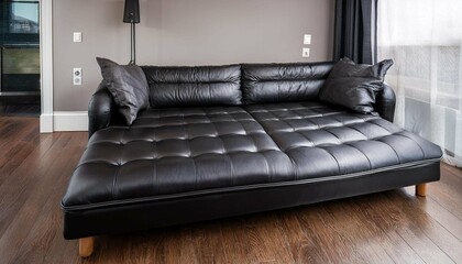 A sleek black leather sofa bed with a pull-out mattress, styled in a chic bachelor pad