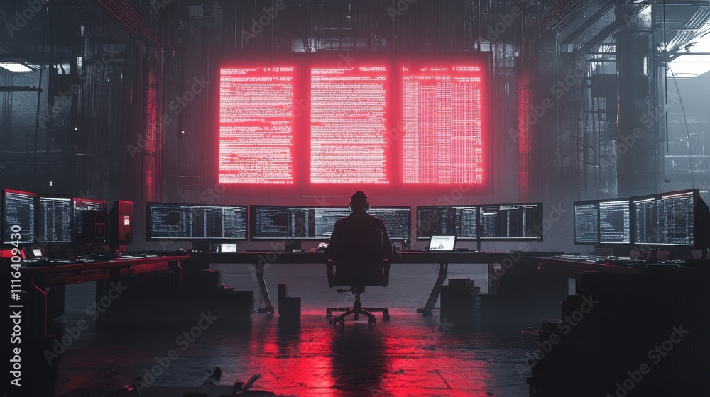 Poster a lone figure in a dark, high-tech room surrounded by multiple glowing computer screens displaying v