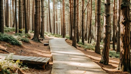 Forest Pathway Through Tall Trees in Natural Light, Promoting Outdoor Adventure and Tranquility in Lush Greenery