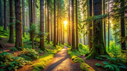 Obraz premium Forest Pathway Bathed in Golden Light, Surrounded by Majestic Trees, Lush Greenery, and a Tranquil Atmosphere of Nature's Serenity