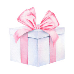 Watercolor illustration of a pastel gift box with pink ribbon and bow. Perfect for holiday designs, Christmas, weddings, birthday, celebrations, packaging, greeting cards, romantic themes, event decor