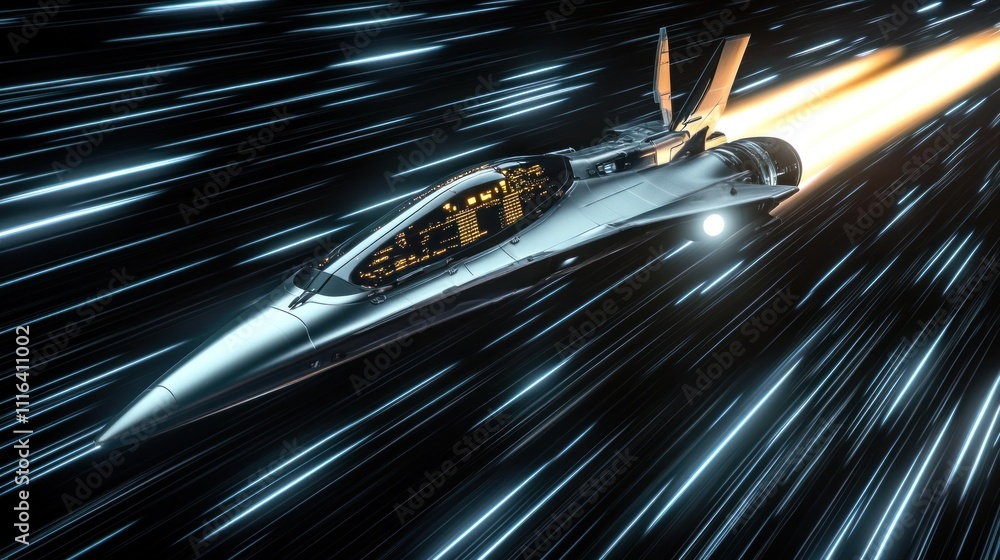Poster futuristic spaceship speeding through light streaks in dark space.