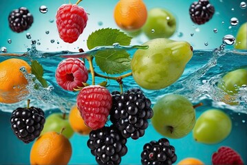 A vibrant and refreshing stock photo featuring an assortment of fresh fruits splashing into clear water.