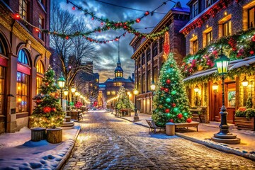 Obraz premium Urban Exploration Navidad Cityscape, AI Photo, Festive Night, Street Art, Holiday Lights