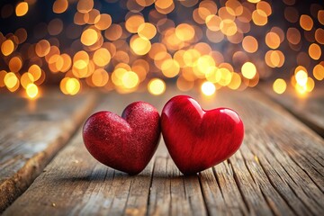 Fototapeta premium Valentine's Day Red Hearts on Wood Bokeh Background