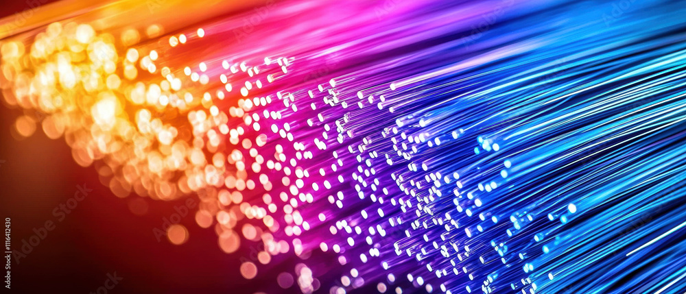 Poster a vibrant display of colorful light beams and particles, representing technology and digital connect