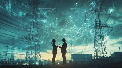 Silhouettes of Engineers with Power Lines and Digital Connections