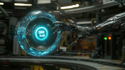 Obraz premium Futuristic Robot Hand Reaching for Holographic Sphere in Lab
