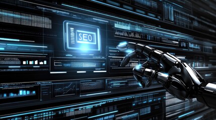 Futuristic Robotic Hand Interacting with Digital SEO Interface