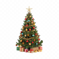 Obraz premium 3d Decorated green Christmas tree with golden baubles for new year with gift box isolated on white background