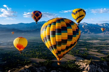 Fototapeta premium Vibrant Hot Air Balloons Soaring Over Picturesque Countryside During Enchanting Festival A Kaleidoscope of Colorful Balloons Drifting in the Gentle Breeze Laughter of Spectators