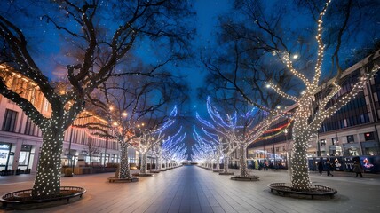 expansive view of a city square with vibrant trees.