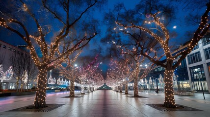 expansive view of a city square with vibrant trees.