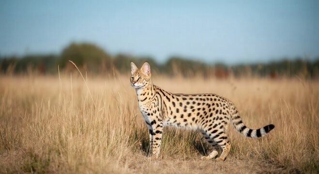 Graceful african serval cat in open savannah grasslands