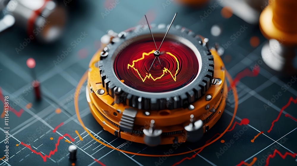 Poster highly detailed technical of an intricate mechanical seismograph instrument with a delicate needle r