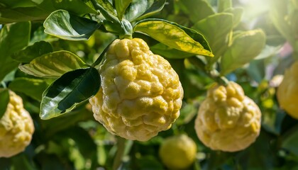 Fototapeta premium Bergamot fruit clusters on a tree, showcasing bright yellow skin against lush green leaves in a sunny environment.