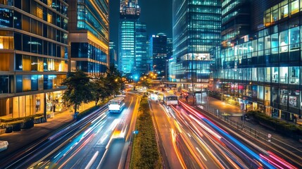 Obraz premium Night Cityscape with Busy Traffic in Modern Urban Environment