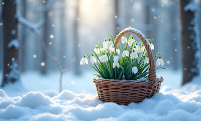 Fresh Snowdrops in Wicker Basket on Snowy Winter Forest Background with Copy Space