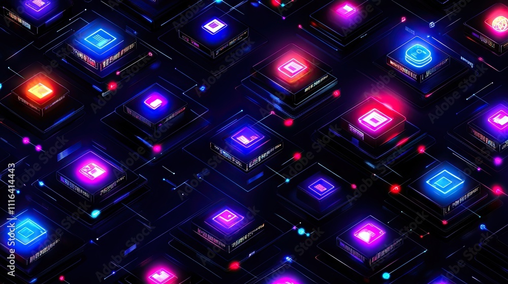 Poster futuristic neon digital interface with glowing icons and patterns