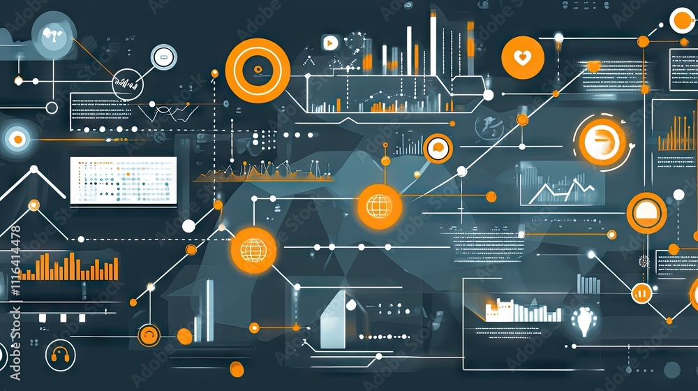 Poster data visualization and analytics concept with digital charts and graphs