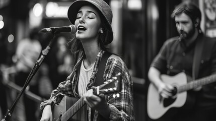 A street performance featuring a woman singing into a microphone with an acoustic band beside her