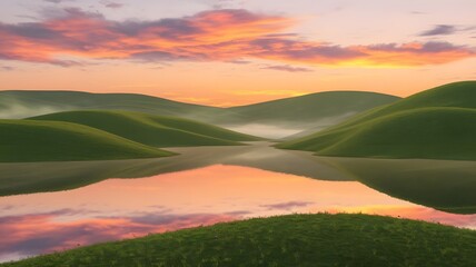 Fototapeta premium Serene Landscape at Sunrise or Sunset with Hills and Lake under a Pink Sky