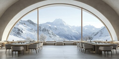 light grey and cream arch rooftop restaurant with beautiful mountain and snow view 