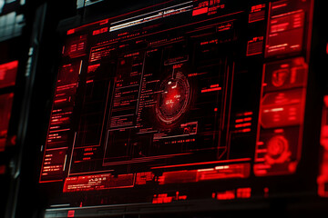 Obraz premium Red digital interface screen showing data, code, and system information.
