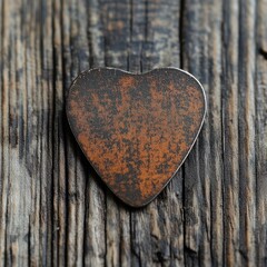 A rustic metal heart shape rests on weathered wooden planks, evoking a sense of warmth and nostalgia, Ideal for romantic themes, DIY projects, or vintage-inspired designs,